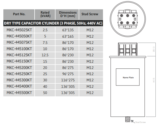 Kích thước tụ bù Mikro 10kVAr MKC-445100KT